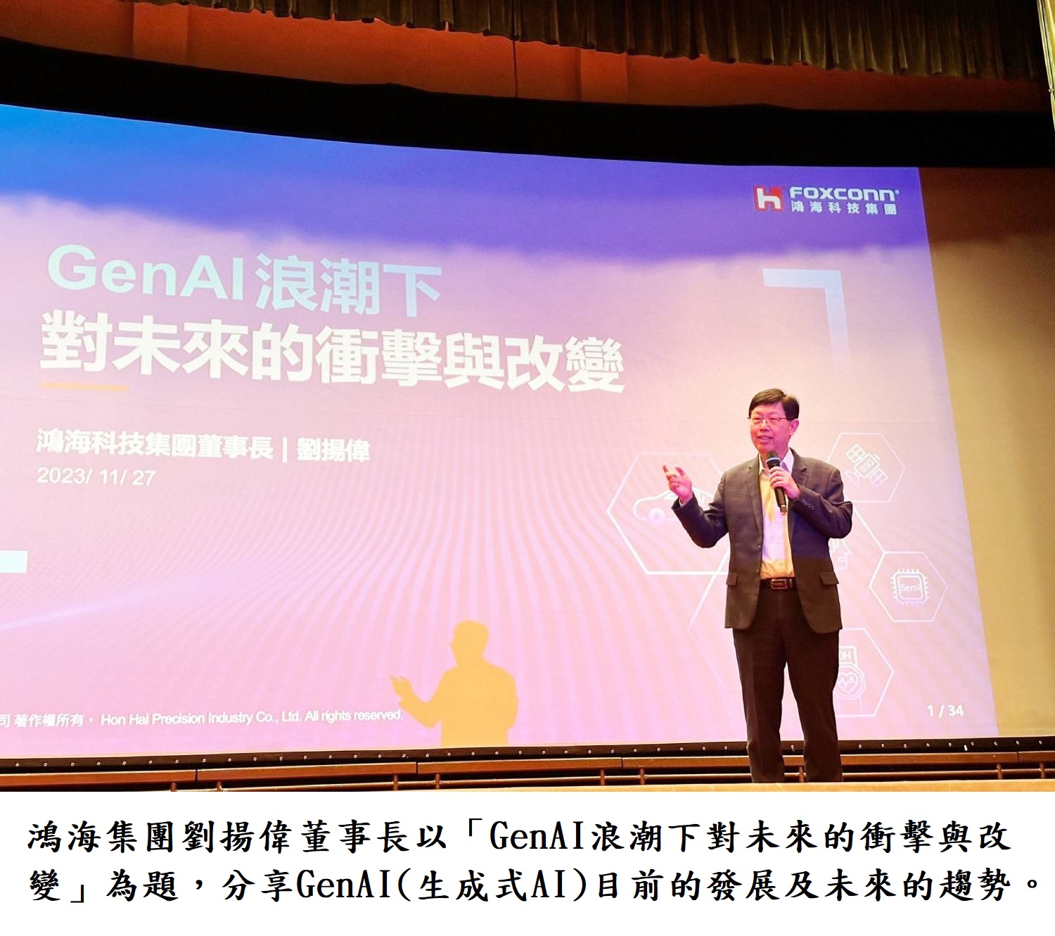 鴻海集團劉揚偉董事長以「GenAI浪潮下對未來的衝擊與改變」為題，分享GenAI(生成式AI)目前的發展及未來的趨勢